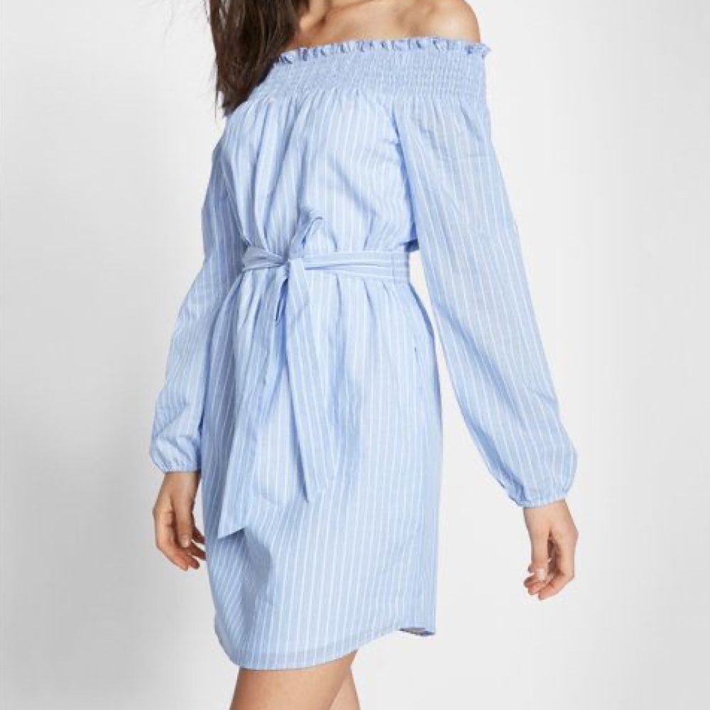Blue Striped Off The Shoulder Long Sleeve Dress